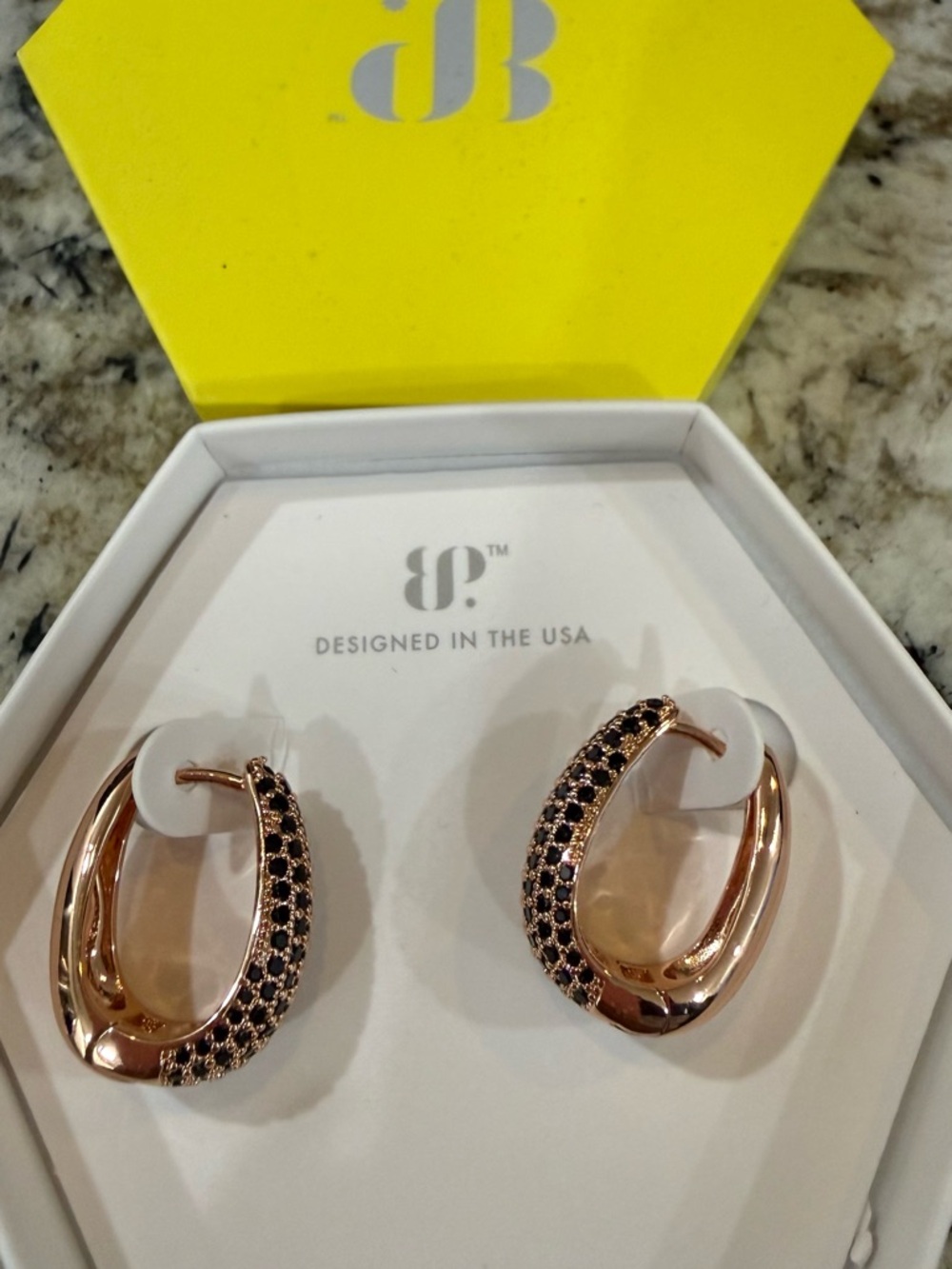 bp Rose Gold Hoop Earrings with Black Crystal Accents